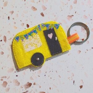 Adventure Awaits Yellow Retro Styled Camper Key Fob Cute Felt Applique | New #5